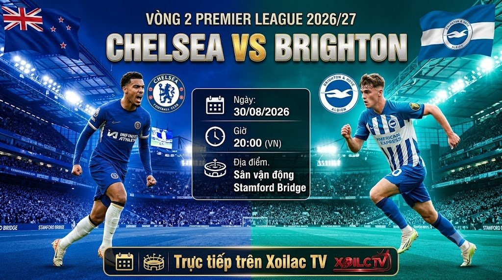 Ảnh bìa nhận định, soi kèo trận đấu Chelsea vs Brighton lúc 20h00 ngày 30/08 vòng 2 Ngoại hạng Anh 2026/27.