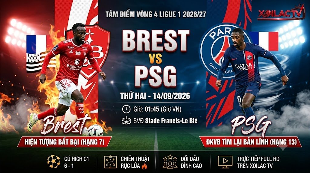 Nhận định trận đấu Brest vs PSG vòng 4 Ligue 1 lúc 01h45 ngày 14/09, phát sóng trực tiếp bóng đá Full HD tại Xoilac TV.